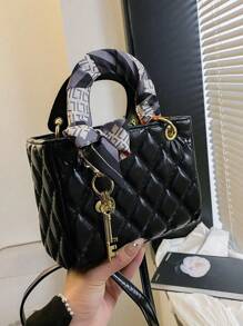 Quilted Pattern Solid Color PU Handbag With Pendant Decoration, Versatile Elegant Women's Crossbody Bag - Black - View 9