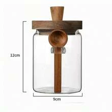Jarra de 1/3 de vidrio con tapa de madera y cuchara, frasco sellado de almacenamiento de cocina para especias, café, dulces, vidrio grueso, reutilizable, solo se puede lavar a mano, diferencias de color normales en la tapa de madera de acacia, nudos y pequeños agujeros en la madera son normales, de vuelta a la escuela