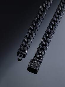 1 件迈阿密嘻哈时尚全黑冰链镶嵌闪亮黑色水钻，独特的深色项链手链，送给父亲、兄弟、男朋友的最佳礼物 - A - 查看 3