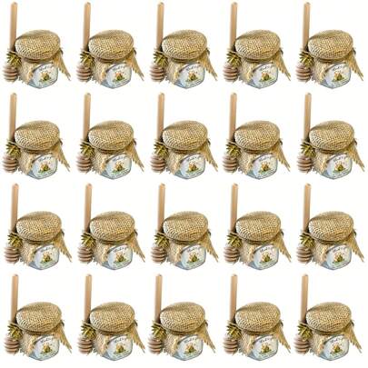 Juego de 30 piezas/25 piezas/20 piezas, tarros mini de cristal hexagonales de 1,5 onzas con cucharillas para miel, dijes de abeja, cuerdas de arpillera, pegatinas, paños de arpillera, adecuado para regalos de baby shower y fiesta de bodas