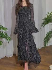 Vestido irregular con parches de manga de volantes de gasa con lunares para mujer - Negro - Ver 5