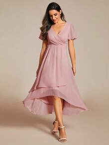 EVERPRETTY Elegant Ruffle Hem Contrast Color High-Low A-Line Mid-Length Chiffon Pink Bridesmaid Dress, Wedding Guest Dress, Suitable For Wedding Occasions - Rusty Rose - View 4