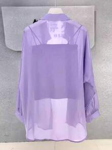 Women's Solid Color Front Button Casual Roll-Up Sleeve Shirt, Sheer Chiffon Long Sleeve Blouse, Lightweight Breathable Fabric, Elegant Design For Office/Party Wear, Spring/Summer - Purple - View 2