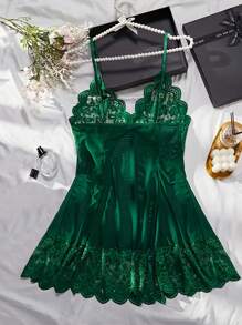 Ning xue yan ying 2-Piece Set Of Women's Blackish Green Sexy V-Neck Bow Decoration Suspender Dress Tempting Lace Transparent Mesh Sleeping Skirt Spaghetti Strap Sexy Underwear Dress Sleepwear Home Suit Set,Babydolls,BridalLingerie