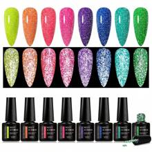 MEET ACROSS 8pcs 7ml Fluorescent Reflective Glitter Gel Nail Polish Set, Pink Blue Sparkle Glitter Neon Gel Polish For Summer, Semi Permanent UV LED Gel Nail Art Varnish All For Manicure Nail Art Salon Home - 彩色 - 查看 3