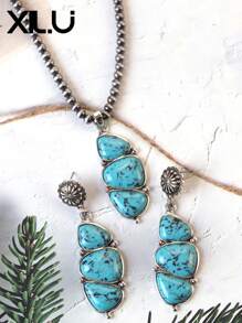 1 set de collar con colgante y aretes de estilo retro y país del oeste antiguo con diseño exagerado de color turquesa al estilo del Día de San Valentín para mujeres