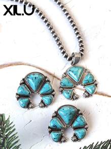 1 set de collar con colgante y aretes de estilo retro y país del oeste antiguo con diseño exagerado de color turquesa al estilo del Día de San Valentín para mujeres