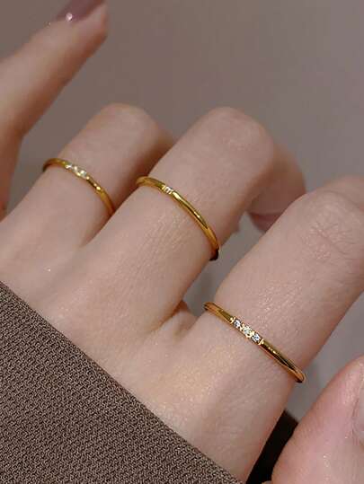 Fashionable Stainless Steel Gold Minimal Hoop Cubic Zirconia Stackable Rings Set, Everyday Jewelry Gift For Women
