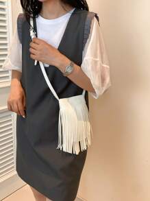 Mini Fashionable Casual Minimalist Large Capacity Fringe Decor Bucket Shoulder Bag - White - View 5