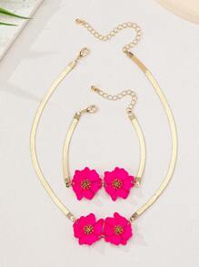 2pcs/Set Magenta Flower Bracelet & Necklace Jewelry Set, Elegant Style For Office & Daily, Versatile - Hot Pink - View 5