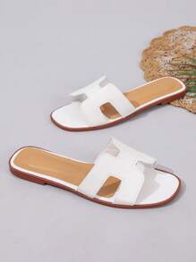 女士夏季平底拖鞋，方头 H 形日常家居拖鞋