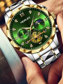 1 reloj de pulsera de cuarzo multifuncional con correa de acero en tono dorado para hombre, con diamantes luminosos, informal y de negocios