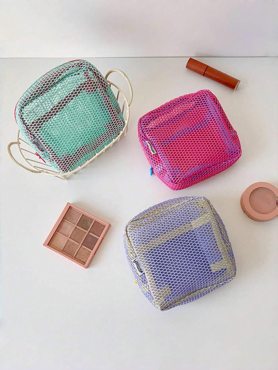 1pc Spring New 3 Colors Mesh Small Square Makeup Bag Travel Mini Solid Color Cosmetic Storeage Pouch - Multicolor - View 1