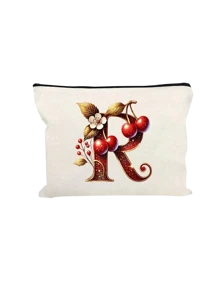 Witte make-uptas van polyestervezel, kleine witte tas, glanzend gouden kersenrode letters A-Z bedrukt patroon, make-uptas, draagbare toilettas, Moederdagcadeau, perfect cadeau voor moeders, herbruikbare make-uptas, eenvoudige grote capaciteit reismake-uptas voor vrouwen, oortelefoon, datakabel, accessoire-opslag, muntzak, multifunctioneel draagbaar cadeau voor vrouwen