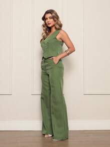 Women's Set Vest With Tailored Trousers Chic Formal - Green/White - View 3