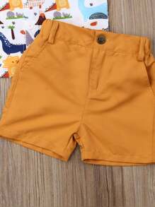 2Pcs Summer Boys Set Cute Dinosaur Printing Short Sleeve Shirt Casual Solid Color Short Pants - Yellow - View 7