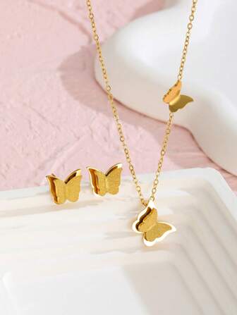 2 件/套精致流行喷砂蝴蝶项链和耳钉适合女孩甜美时尚派对宴会约会节日假期学校珠宝配饰儿童生日礼物