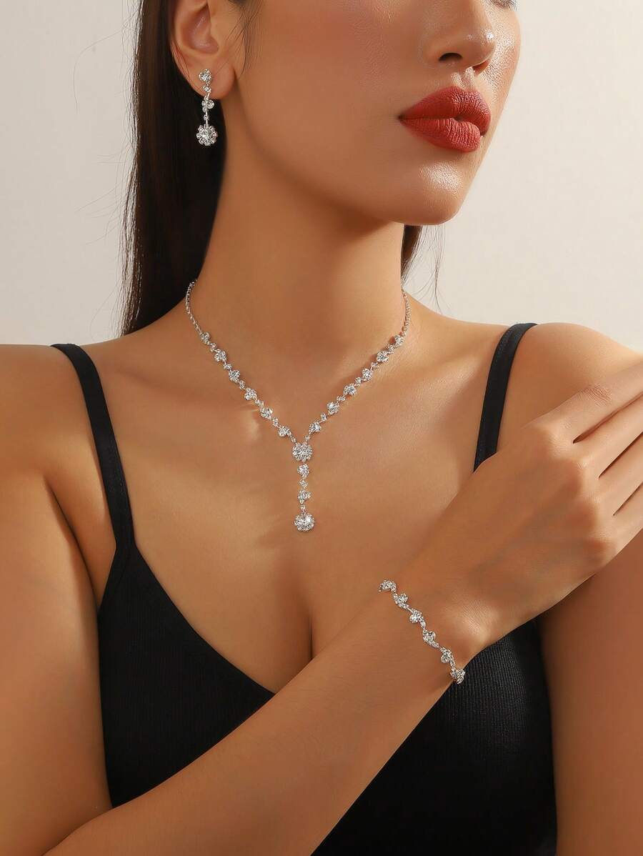 3pcs/Set Fashionable Simple Jewelry Set, Rhinestone Necklace, Earrings, Bracelet For Women