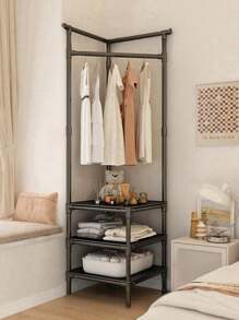 3-laags metalen kledingrek met haken en planken - Multifunctionele vrijstaande kledingorganizer, hoedenrek - roestvrijstalen kapstok voor slaapkamer, woonkamer - veelzijdige montage- en opbergopties