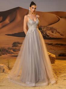 Contrast Lace Mesh Cami Prom & Evening Dresses Sparkly Lace Prom Dresses With Embroidered Spaghetti Strap Homecoming Dresses For Teens Rhinestone Lace Applique A Line Formal Evening Dresses Floor Length Mesh Ball Gown For Party Zipper Back, For Wedding Guest