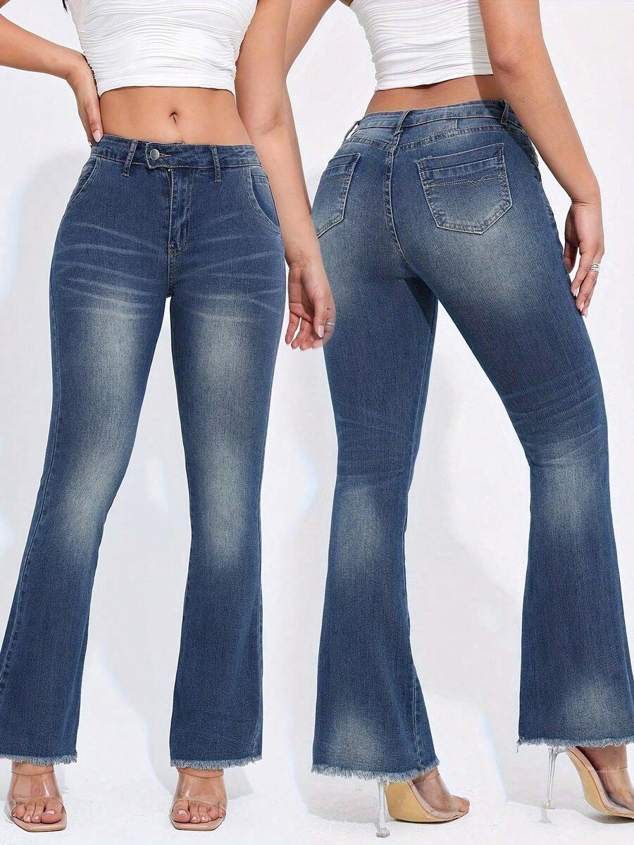 Quần Jeans Ống Loe Cạp Thấp Có Túi Bên Hông Cho Nữ, Ôm Vừa Gợi Cảm - Màu xanh lam - Xem 1