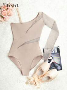 DonsGirl 女士芭蕾舞紧身衣 - 性感不对称领口和弹性网纱拼接设计，时尚连体裤，适合舞蹈练习/表演和日常穿着