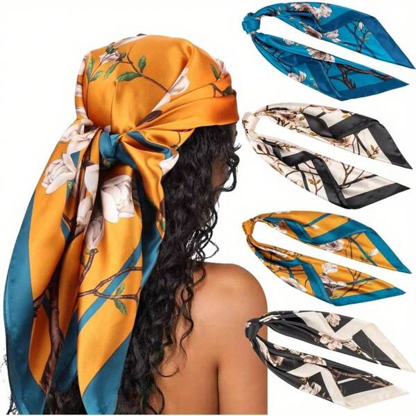 4-Piece Retro Large Satin Scarf, Fashionable And Versatile Square Scarf, Artistic Ribbon Scarf, High-End Scarf Home Bathroom Decor Summer