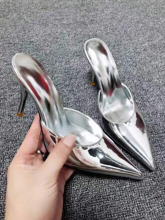 2025 Women's Sexy Glamorous Silver High Heel Pumps, Pointed Toe Stilettos, Slip-On Heels, Comfortable For Daily Wear, Work And Shopping