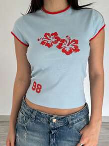 Tops cortos gráficos para mujeres Camisetas de manga corta con ajuste ceñido y cuello redondo estampadas con flores/croissant para adolescentes Tops casuales bonitos de verano Ropa estética de preppy Ropa urbana y de club