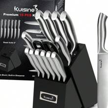 Kuisine Sharp Knife SetOne-Piece Molding Kitchen Knife Set Sharper Blade Ergonomic Non-Slip Steel Handle Block Knife Set Chef Knife Set With Built-In Sharpener Black 15PCS - BlackET1 - View 2