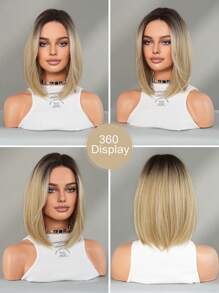 PIAOYUN Mini Lace Farbverlauf Blonde Bob Perücke für Frauen, kurzes glattes Haar, natürlich aussehende Perücke mit dunklen Wurzeln, Kunsthaarperücke ohne Kleber, hochwertige 2 * 0,5 U-Teil kleine synthetische Lace Front Perücke für den täglichen Gebrauch, 14 Zoll