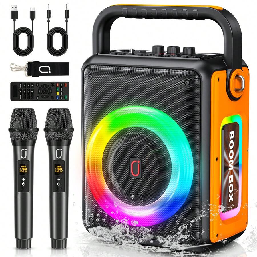 Máquina de karaoke JYX con 2 micrófonos inalámbricos para adultos, altavoz portátil con sistema de karaoke Bluetooth con luz RGB para fiestas en casa, Party Box compatible con TF/USB, AUX, Rec, TWS