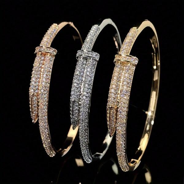 1pc Fashionable Metal Nail Bracelet With Cubic Zirconia For Women, Elegant Simple Elegant, Versatile Daily Accessory