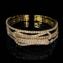 1 件时尚多层畅销女士开口袖口手链，镶嵌合成锆石，优雅奢华品质日常百搭配饰