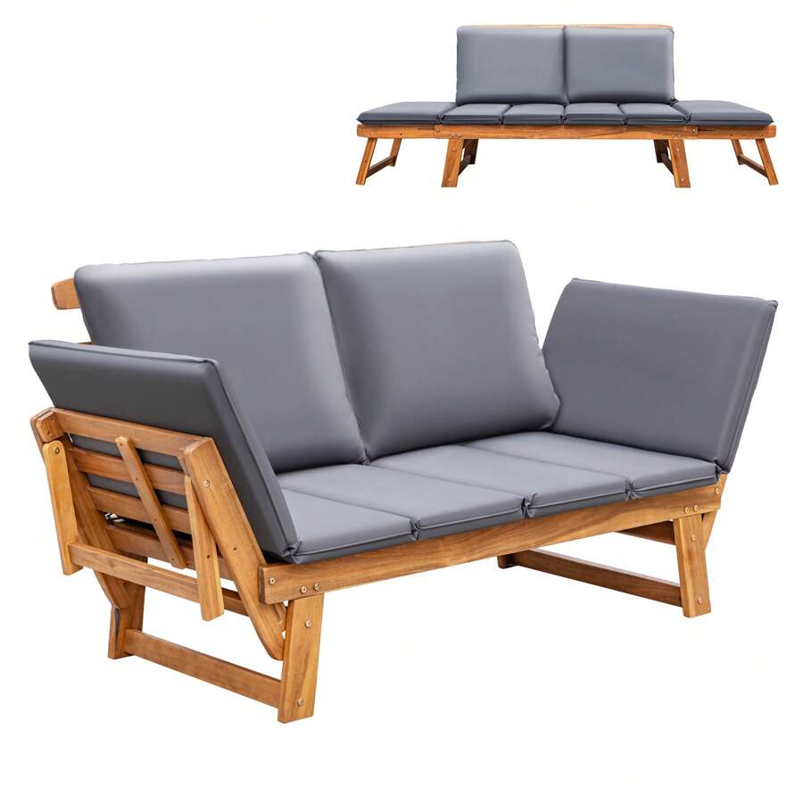 Patio Convertible Couch Sofa Bed With Adjustable Armrest, Acacia Wood Outdoor Daybed With Cushion & Pillow, Folding Chaise Lounge Bench - Grey - View 1