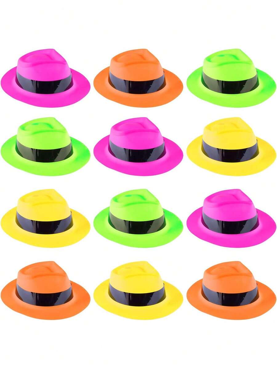 Novelty Place Neon Plastic Party Hats, Fedora With Gangster Mafia Style Dark Glow Hats In Birthday, Music Party(Random Color6/12 Pack) - Multicolor - View 1