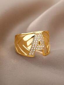 1pc Luxury Zirconia Initial Letter Rings For Women Stainless Steel Chunky Wide Open Finger Ring Hip Hop Fashion Jewelry Gifts