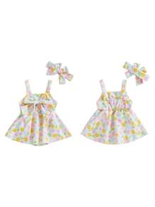 Baby Girl Summer Outfits Sleeveless Square Neck Bow Front Romper With Headband