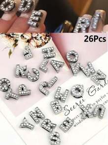 26Pcs, 3D 26 English Letter Nail Art Charms With Rhinestones, Alloy Letter Nail Art Accessories English Jewelry For Decorative Accessories Diy Nail Charms Nail Gems Nail Supplies Nails