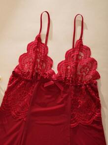 Ning xue yan ying 2-Piece Set Of Women's Wine Red Sexy V-Neck Bow Decoration,Backless Suspender Dress,Spaghetti Strap,Mesh Sleeping Skirt ,Summer,Babydolls,BridalLingerie,Women's Sexy Lingerie Dress