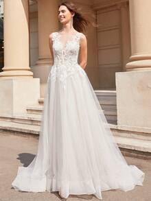 Solid Color Backless V-Neck Sleeveless Dress, Wedding Gown - White - View 6