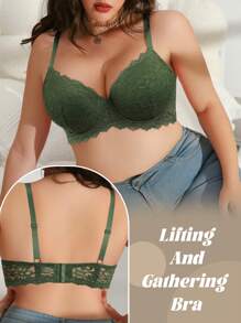 Soutien-gorge lingerie sans couture avec support sans armature, vert, grande taille, en dentelle pour femmes avec une couverture complète, respirant, pour un port quotidien
