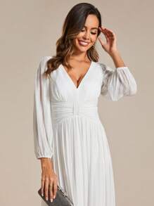 Elegant V Neck Ruched Waist Lantern Sleeves Formal Dress For Bridal Shower Single Party Formal Dress For Bride Little White Dress - White - View 6