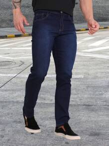 Men's Jeans Zipper Lycra Jeans Color Dark Black Medium Light Stretch Manufacturers Special Prices Direct - 深色水洗藍 - 查看 2