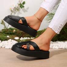 Soft Leather Thick Sole Slide Sandals, Women Summer New Retro Fashion Outdoor Slip-On Closed Toe Slippers - Black - View 2