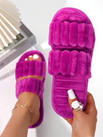 Fall/Winter Women's Fashion Double-Strap Fluffy Plush Soft Bottom Quiet Bedroom Slippers, Suitable For Newlyweds