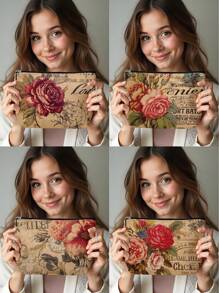 1 件复古花卉亚麻印花化妆包，可爱旅行化妆包和多功能零钱包，女性必备轻便礼物