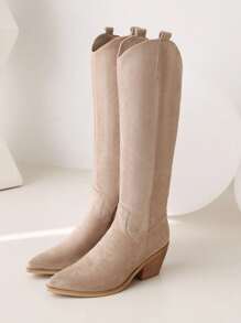 Reitoye Spring Summer Cowboy Boots For Women Embroidery Western Cowgirl Knee High Chunky Heel Boots With Pull-Up Tabs Prom Wedding Cowgirl Boot - 卡其色 - 查看 2
