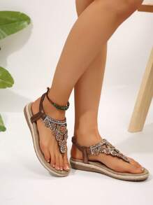 女士水钻波西米亚风运动拖鞋，休闲沙滩平底凉鞋，大码 - 棕色 - 查看 4