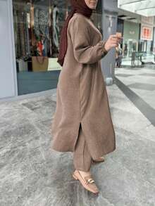 Plus Size Casual Lantern Sleeve Snap Button Side Slit Hem Women's Arabic Style Outfit Set,Modest